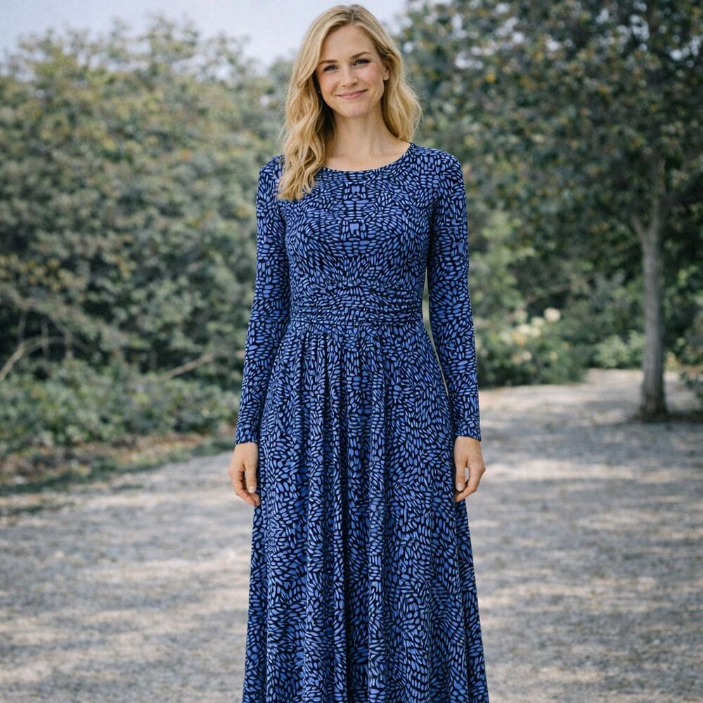 Bolden Blue Abstract Print Fit & Flare Midi Dress Long Sleeve Size US 4R Classic